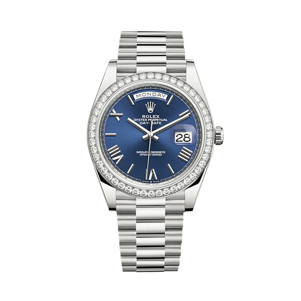 Rolex Day-Date 40 228349RBR White Gold Diamond Bezel Blue Dial