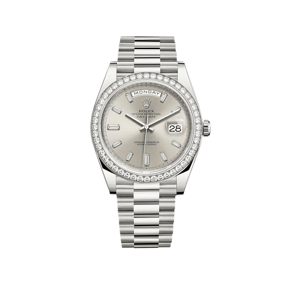 Rolex Day-Date 40 228349RBR White Gold Diamond Bezel Silver Diamond Dial