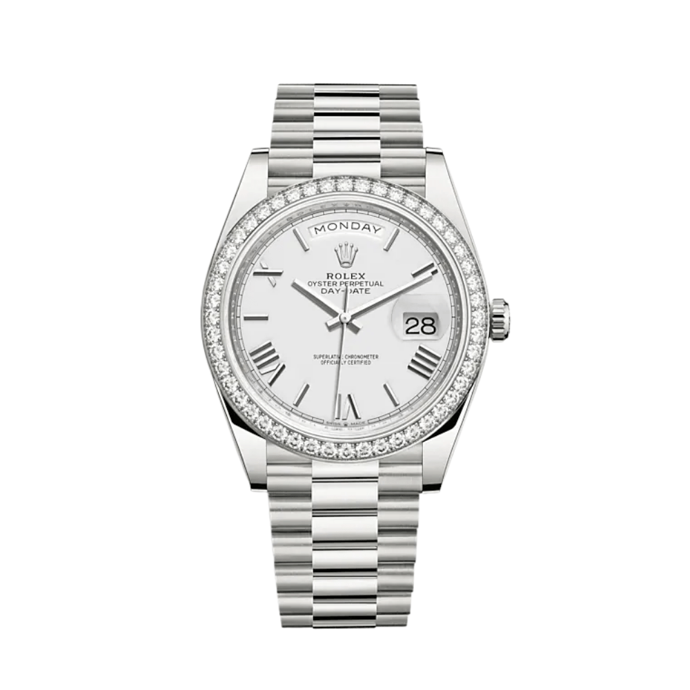 Rolex Day-Date 40 228349RBR White Gold Diamond Bezel White Dial