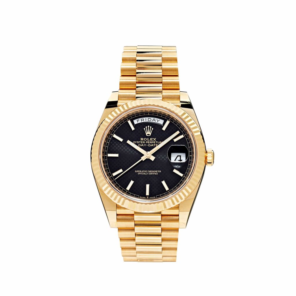 Rolex Day-Date 40 228238 Yellow Gold Black Diagonal Motif Dial
