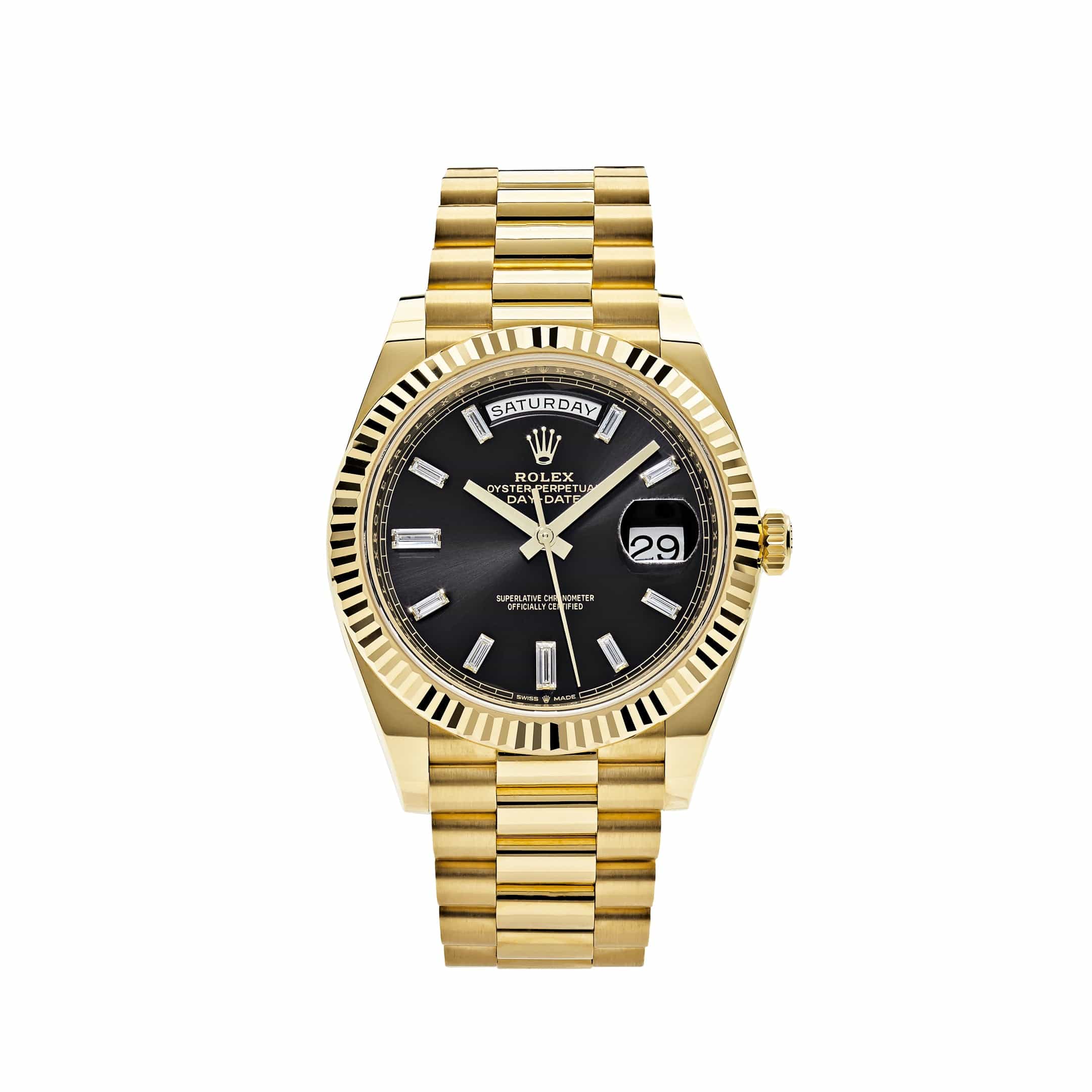 Rolex Day-Date 40 228238 Yellow Gold Black Baguette Diamond Dial