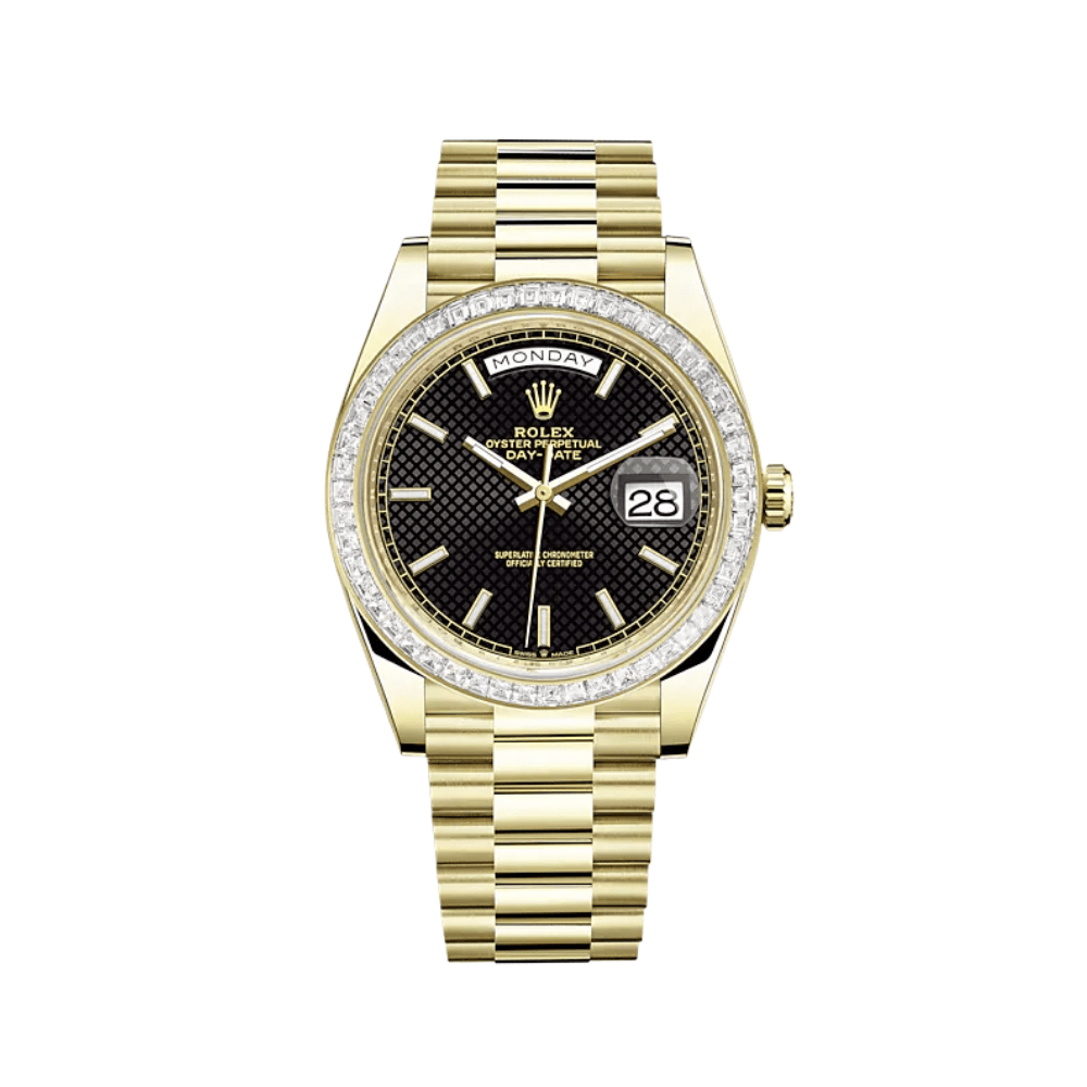Rolex Day-Date 40 228398TBR Yellow Gold Diamond Bezel Black Dial