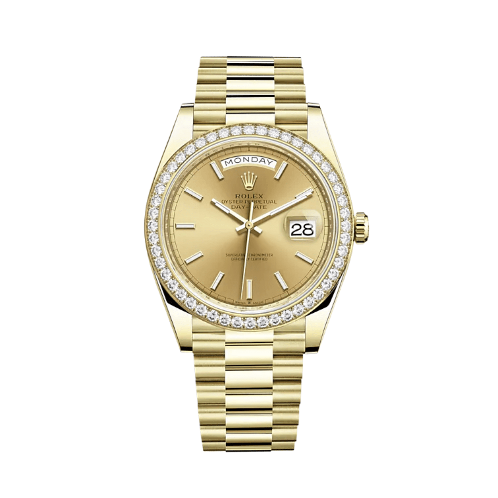 Rolex Day-Date 40 228348RBR Yellow Gold Diamond Bezel Champagne Dial