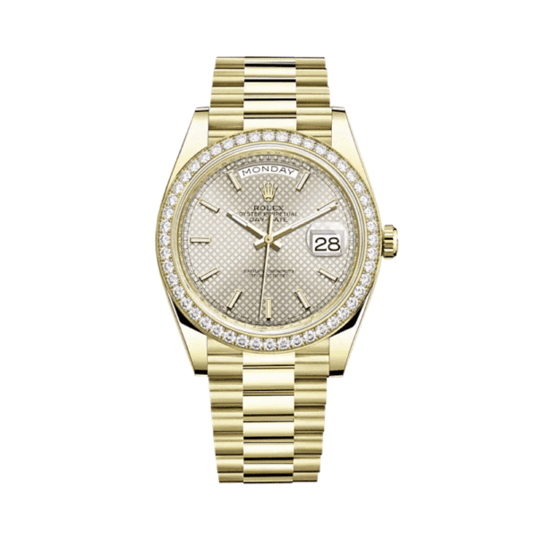 Rolex Day-Date 40 228348RBR Yellow Gold Diamond Bezel Silver Dial
