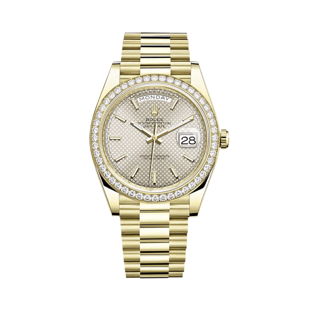 Rolex Day-Date 40 228348RBR Yellow Gold Diamond Bezel Silver Dial