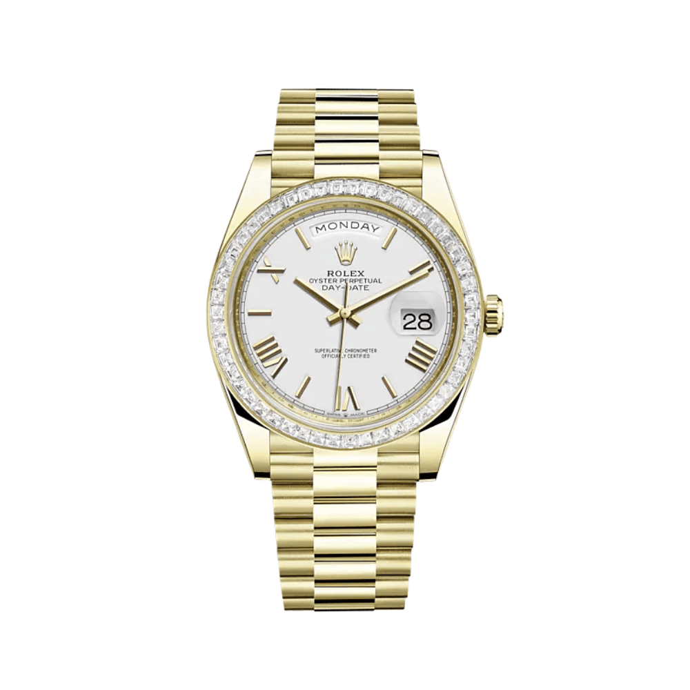Rolex Day-Date 40 228398TBR Yellow Gold Diamond Bezel White Dial