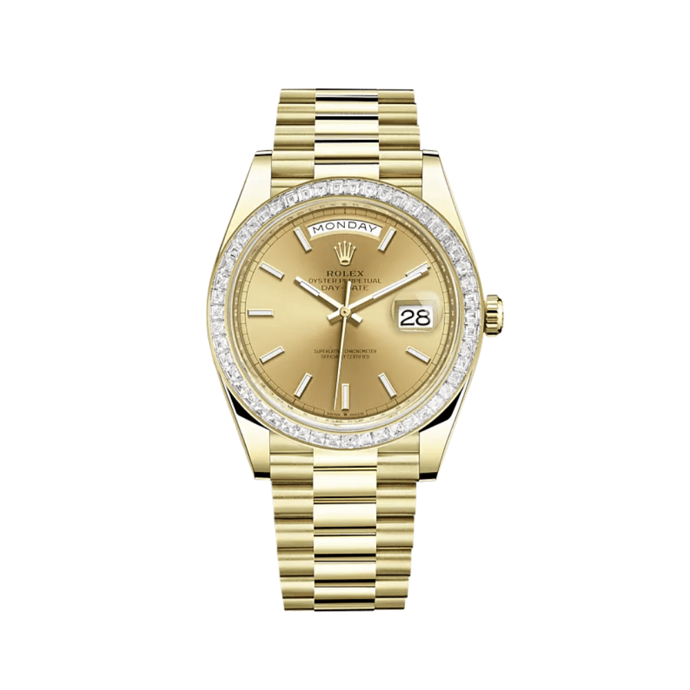 Rolex Day-Date 40 228398TBR Yellow Gold Diamond-Paved Bezel Champagne Dial