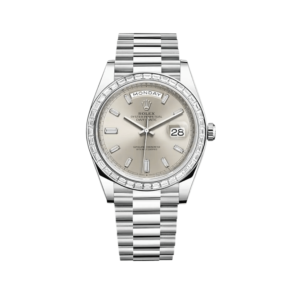 Rolex Day-Date 40 228396TBR Platinum Diamond Bezel Silver Diamond Dial