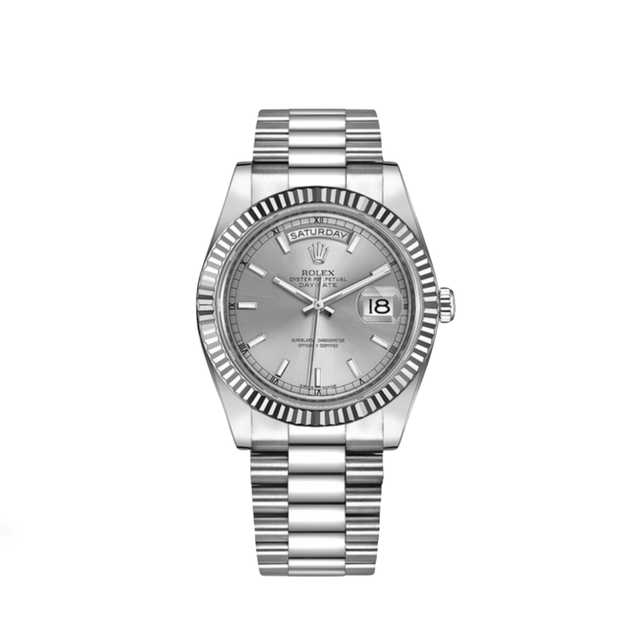 Rolex Day-Date 36 218239 White Gold Silver Dial