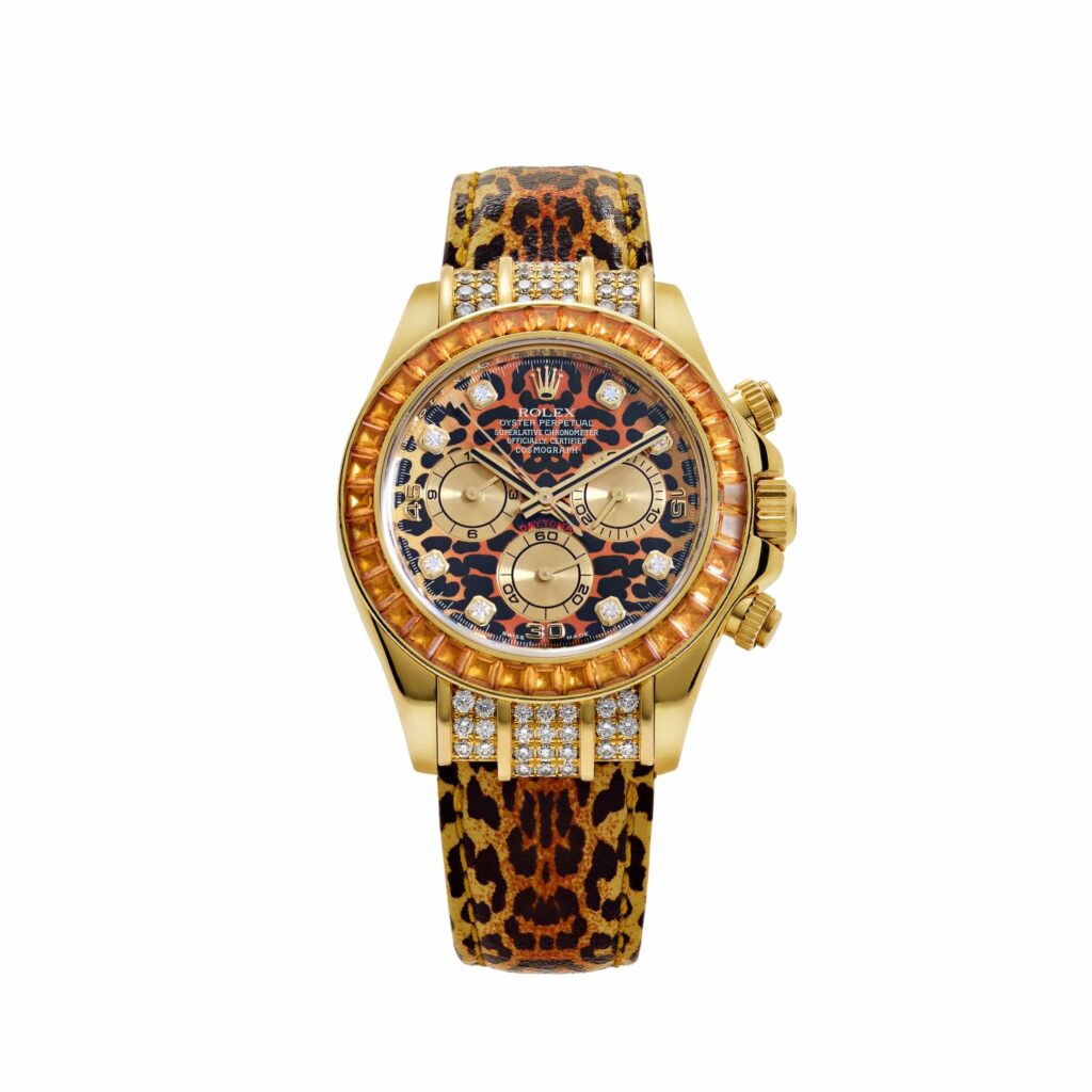 Rolex Daytona 116598SACO Yellow Gold ‘Leopard’ Diamond Dial Cognac Sapphire Bezel