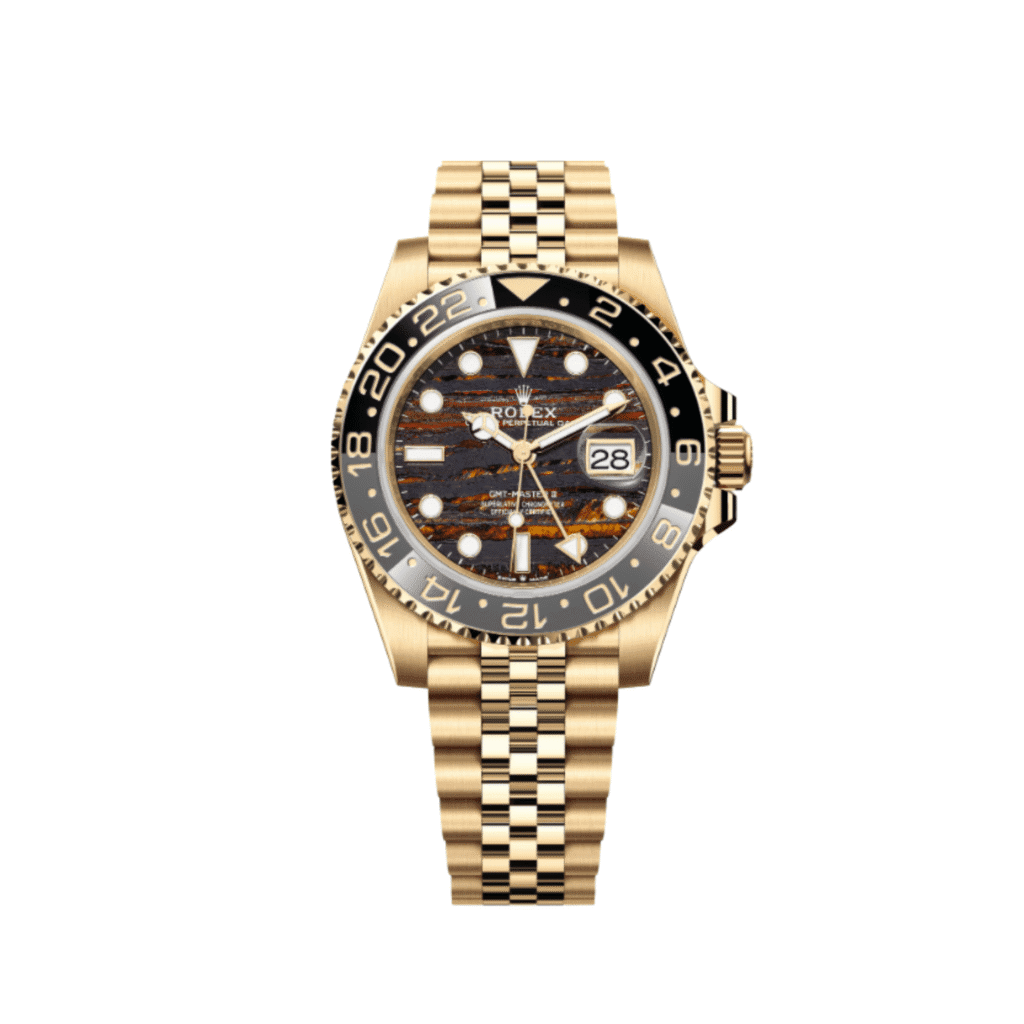 Rolex GMT-Master II 126718GRNR Yellow Gold Tiger Iron Dial Jubilee