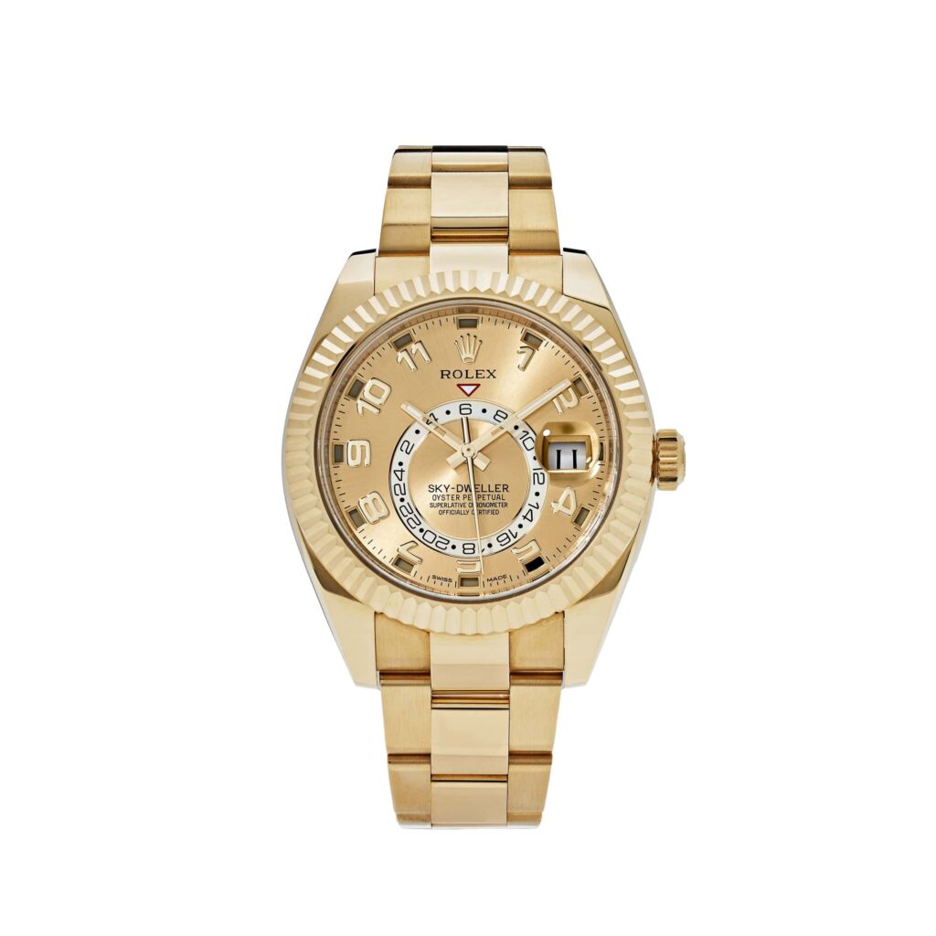 Rolex Sky-Dweller 326938 Yellow Gold Champagne Dial Arabic Numerals