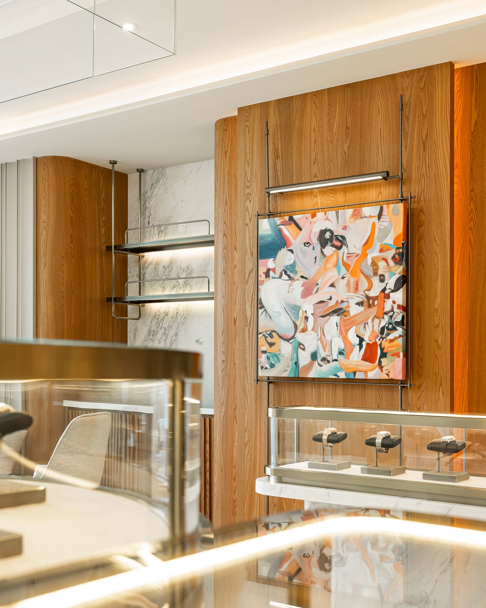 Display case of Rolex, Patek Philippe and Audemars Piguet watches at a luxury watch dealer in Hong Kong
