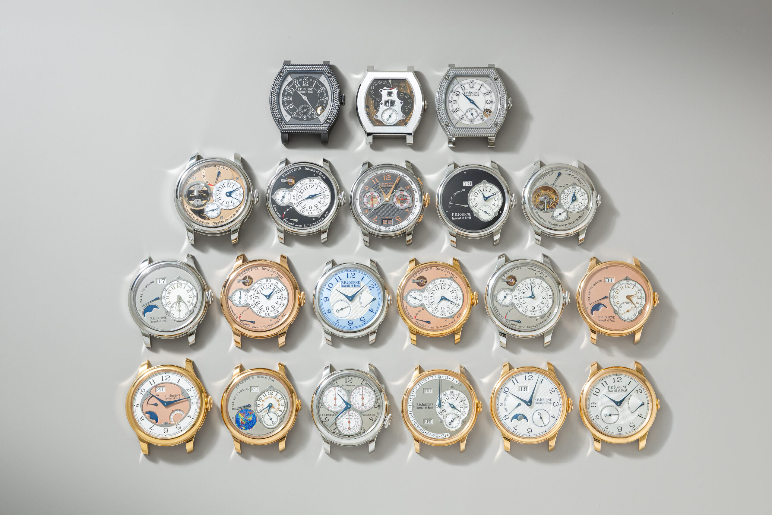 Full collection of F.P. Journe watches at SHK Watches, including Tourbillon Souverain, Chronomètre Bleu, Octa Lune, Centigraphe and Élégante models