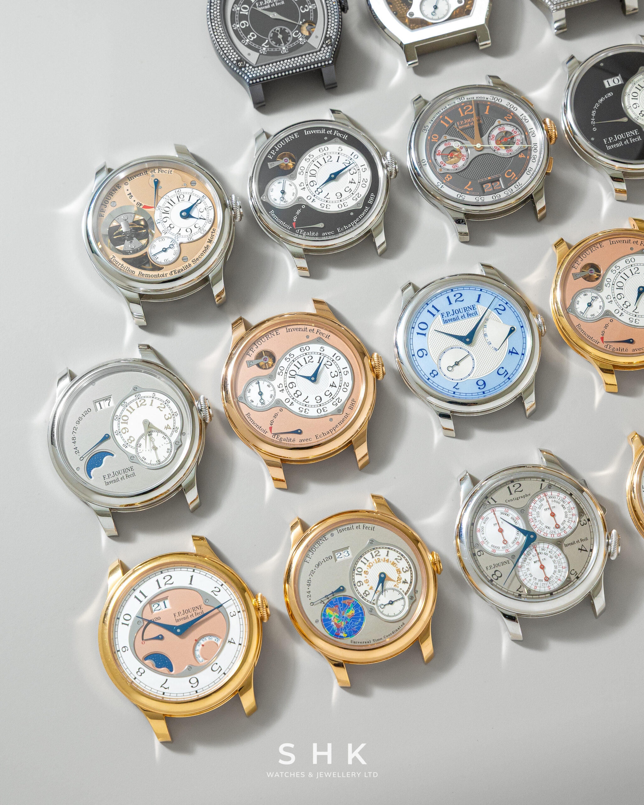 F.P. Journe watches in platinum and rose gold showing Chronomètre Optimum, Octa Lune and Chronomètre Souverain Nacre dials