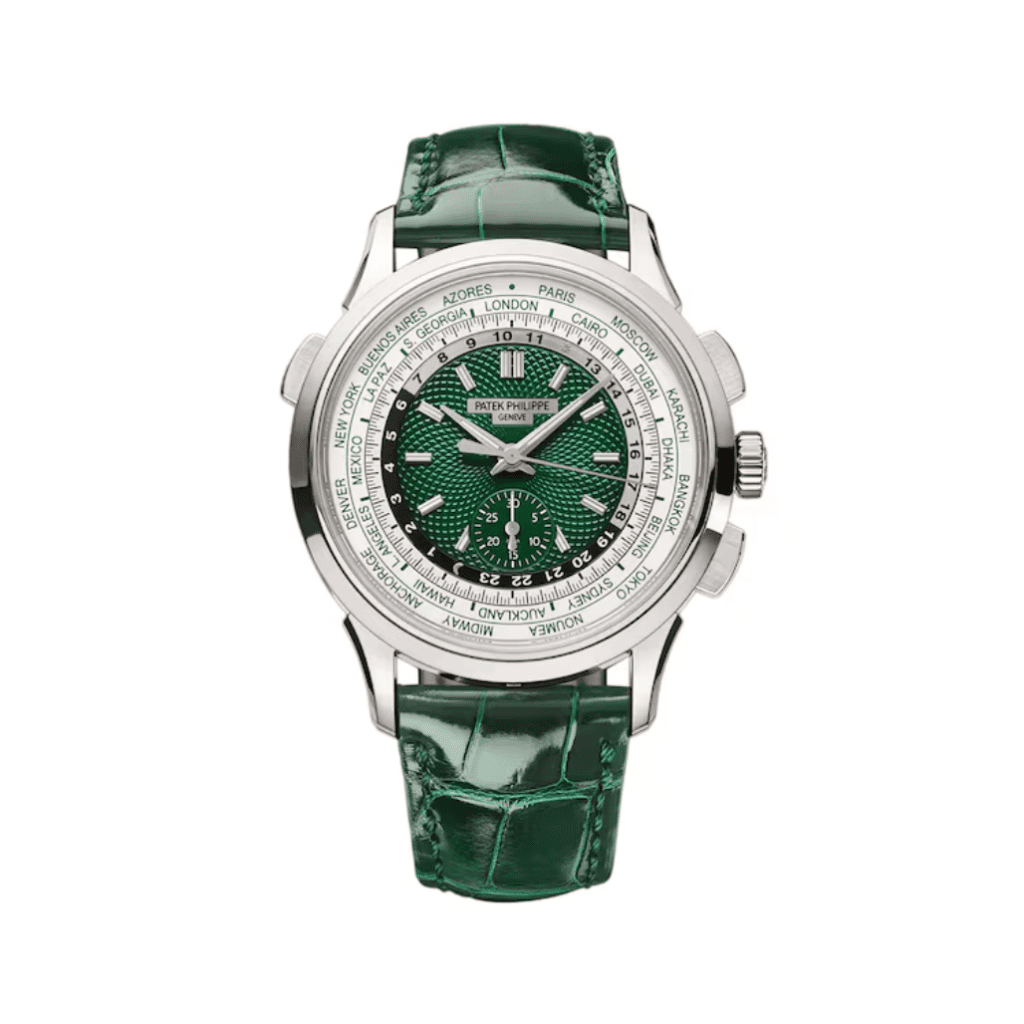 Patek Philippe World Time Flyback Chronograph 5930P-001 Platinum Green Guilloché Dial